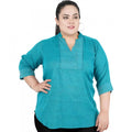 Seduva Women's Casual Three Fourth Sleeve Embroidered Light Green Top (Light Blue, Cotton Linen Blend)
