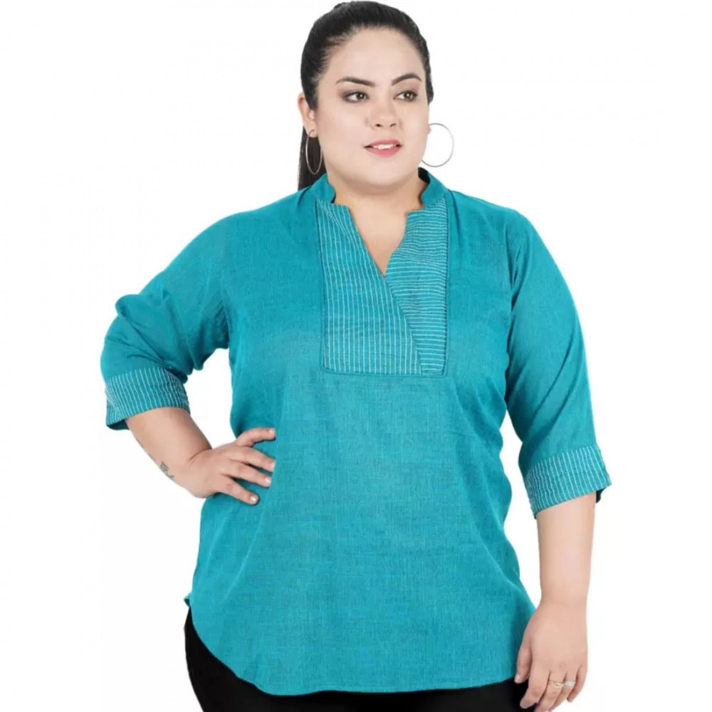 Seduva Women's Casual Three Fourth Sleeve Embroidered Light Green Top (Light Blue, Cotton Linen Blend)