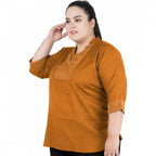 Seduva Women's Casual Three Fourth Sleeve Embroidered Yellow Top (Yellow, Cotton Linen Blend)