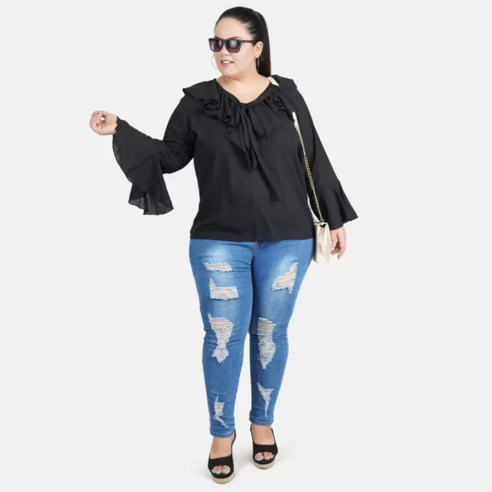 Seduva Women's Casual Bell Sleeve Solid Black Top (Black, Georgette)