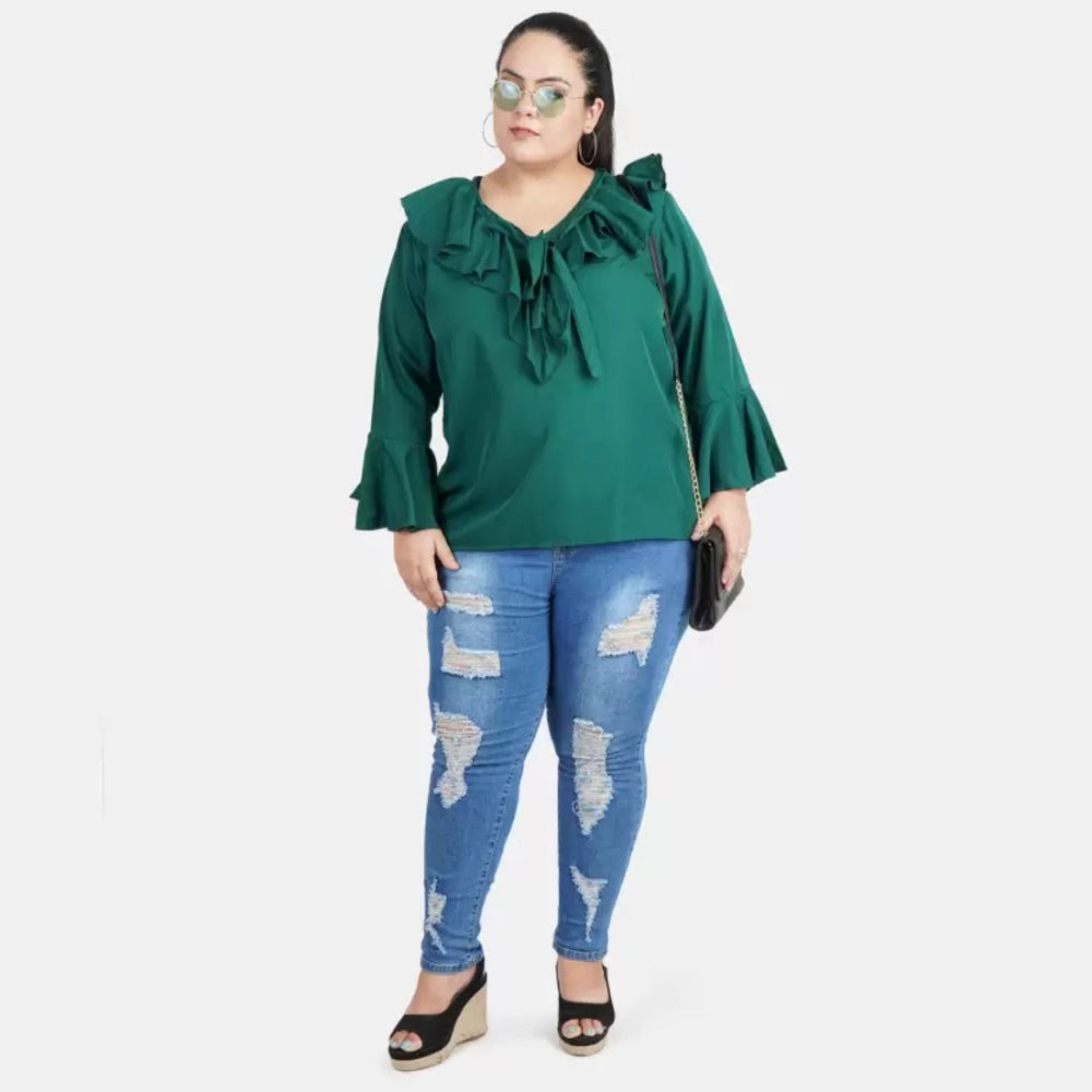 Seduva Women's Casual Bell Sleeve Solid Green Top (Green, Georgette)