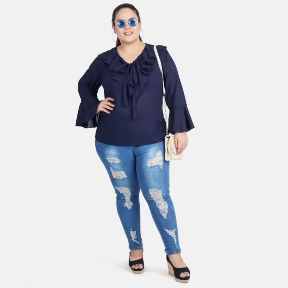Seduva Women's Casual Bell Sleeve Solid Blue Top (Blue, Georgette)
