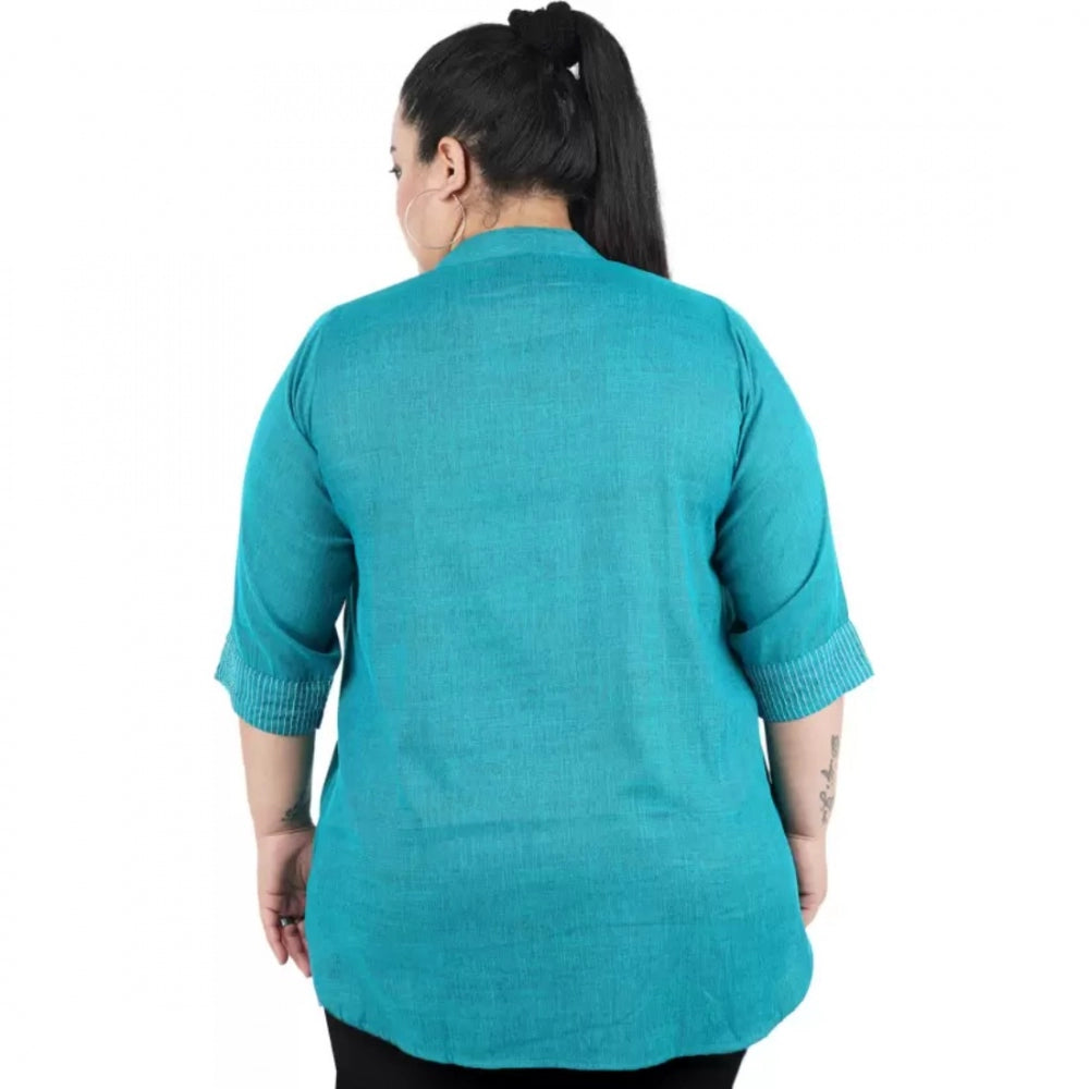 Seduva Women's Casual Three Fourth Sleeve Embroidered Light Green Top (Light Blue, Cotton Linen Blend)