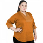 Seduva Women's Casual Three Fourth Sleeve Embroidered Yellow Top (Yellow, Cotton Linen Blend)