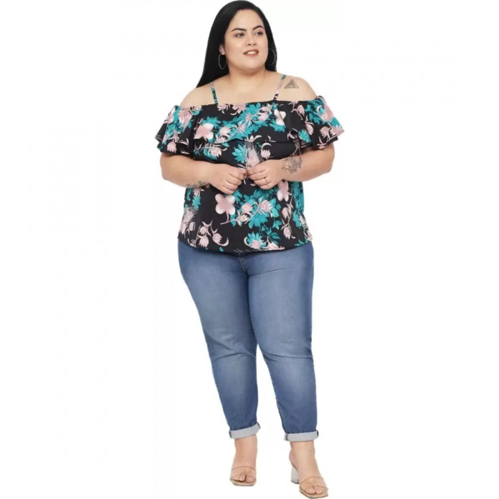 Seduva Women's Casual Floral Print Black Top (Black)
