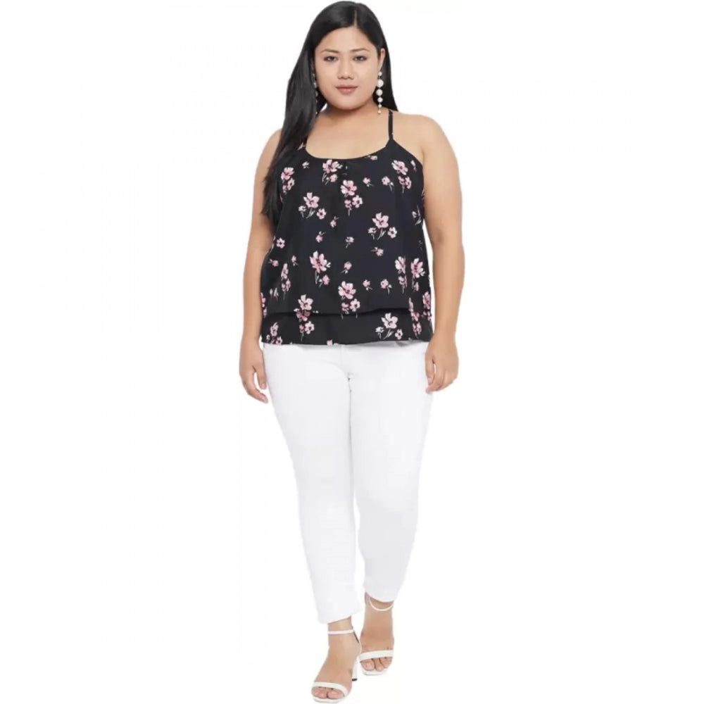 Seduva Women's Casual Floral Print Black Top (Black)