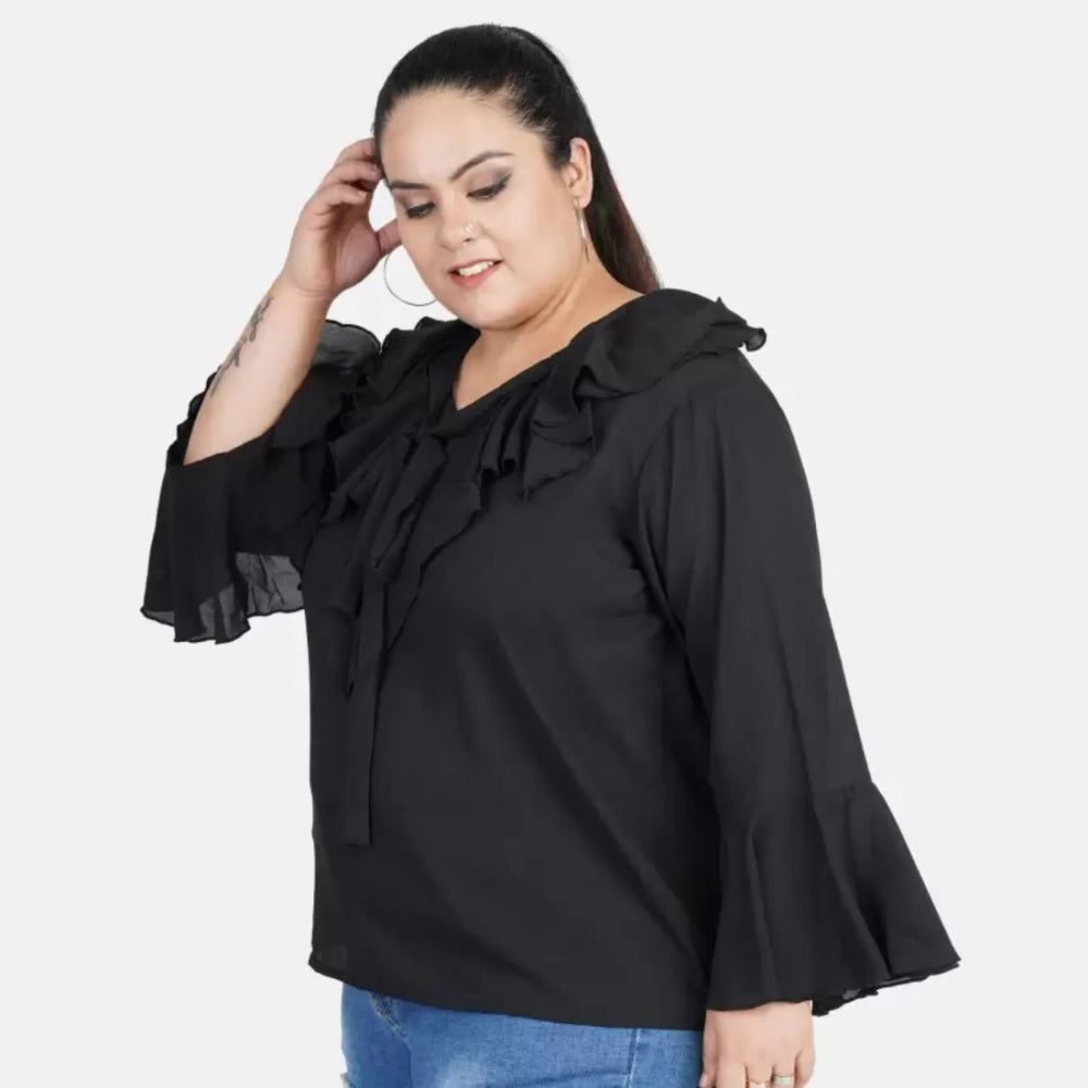 Seduva Women's Casual Bell Sleeve Solid Black Top (Black, Georgette)