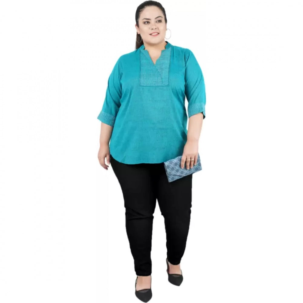 Seduva Women's Casual Three Fourth Sleeve Embroidered Light Green Top (Light Blue, Cotton Linen Blend)