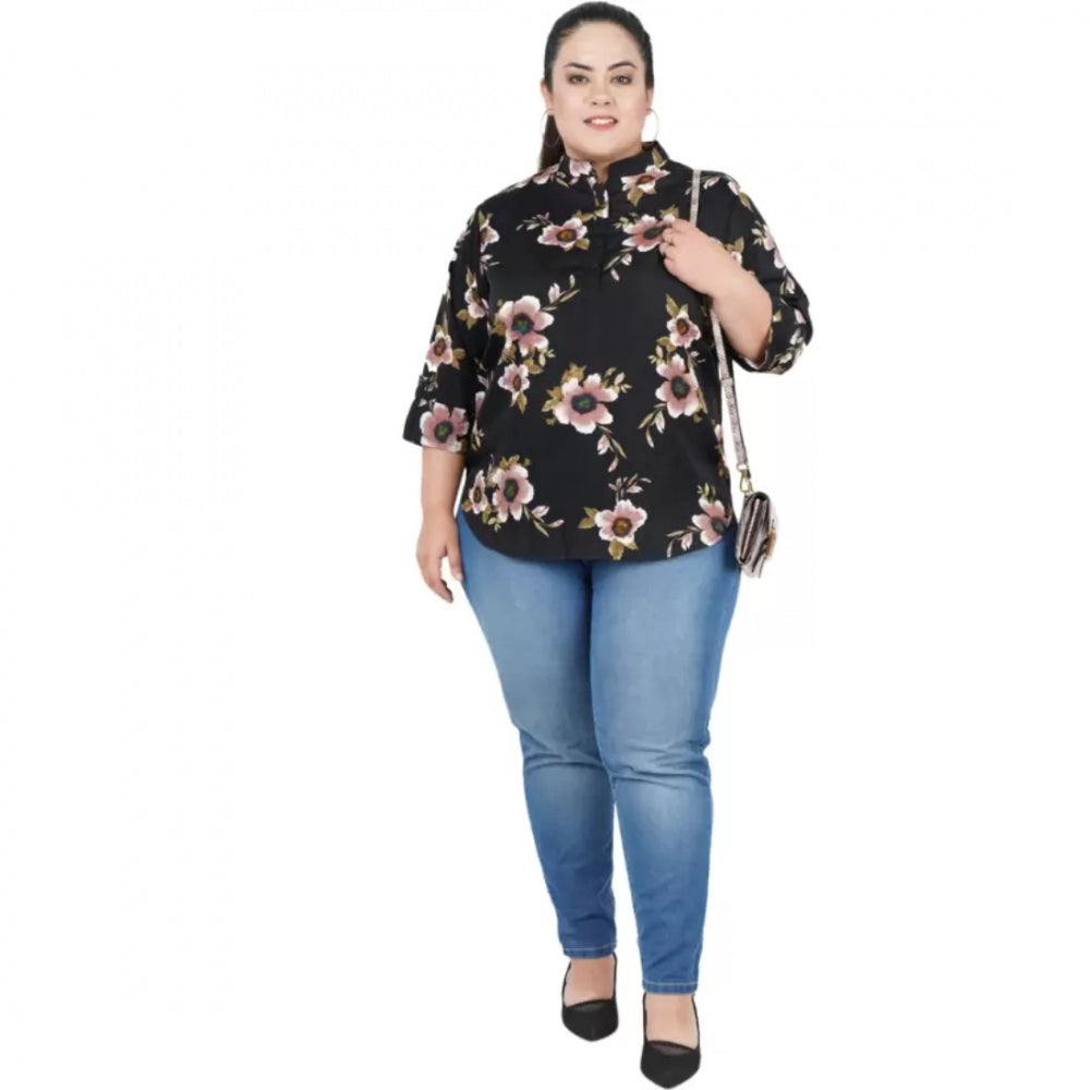 Seduva Women's Casual Three Fourth Sleeve Printed Black Top (Black, Poly Crepe)