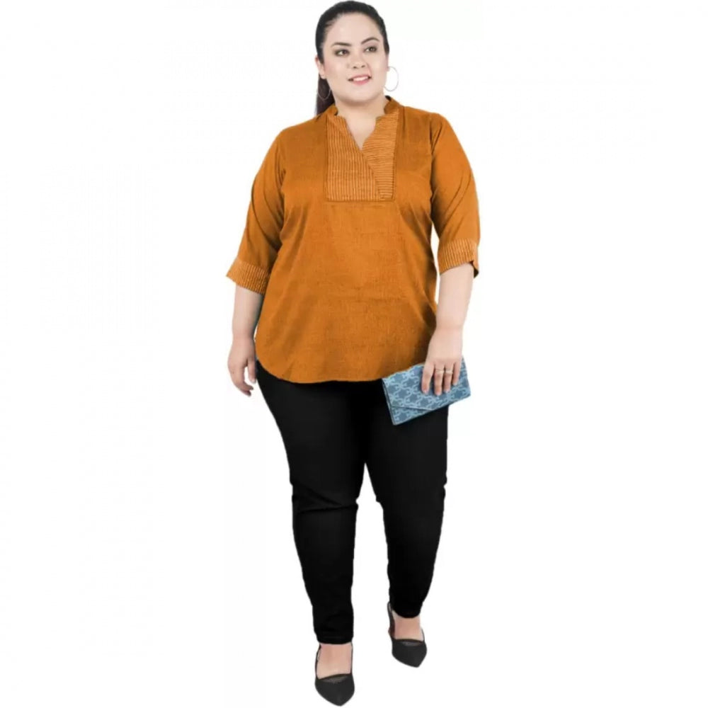 Seduva Women's Casual Three Fourth Sleeve Embroidered Yellow Top (Yellow, Cotton Linen Blend)