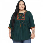 Seduva Women's Casual Embroidered Dark Green Top (Dark Green)