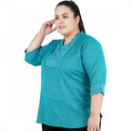 Seduva Women's Casual Three Fourth Sleeve Embroidered Light Green Top (Light Blue, Cotton Linen Blend)