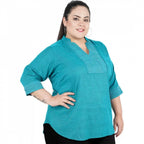 Seduva Women's Casual Three Fourth Sleeve Embroidered Light Green Top (Light Blue, Cotton Linen Blend)