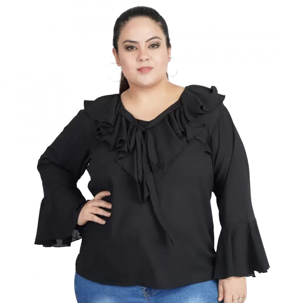 Seduva Women's Casual Bell Sleeve Solid Black Top (Black, Georgette)