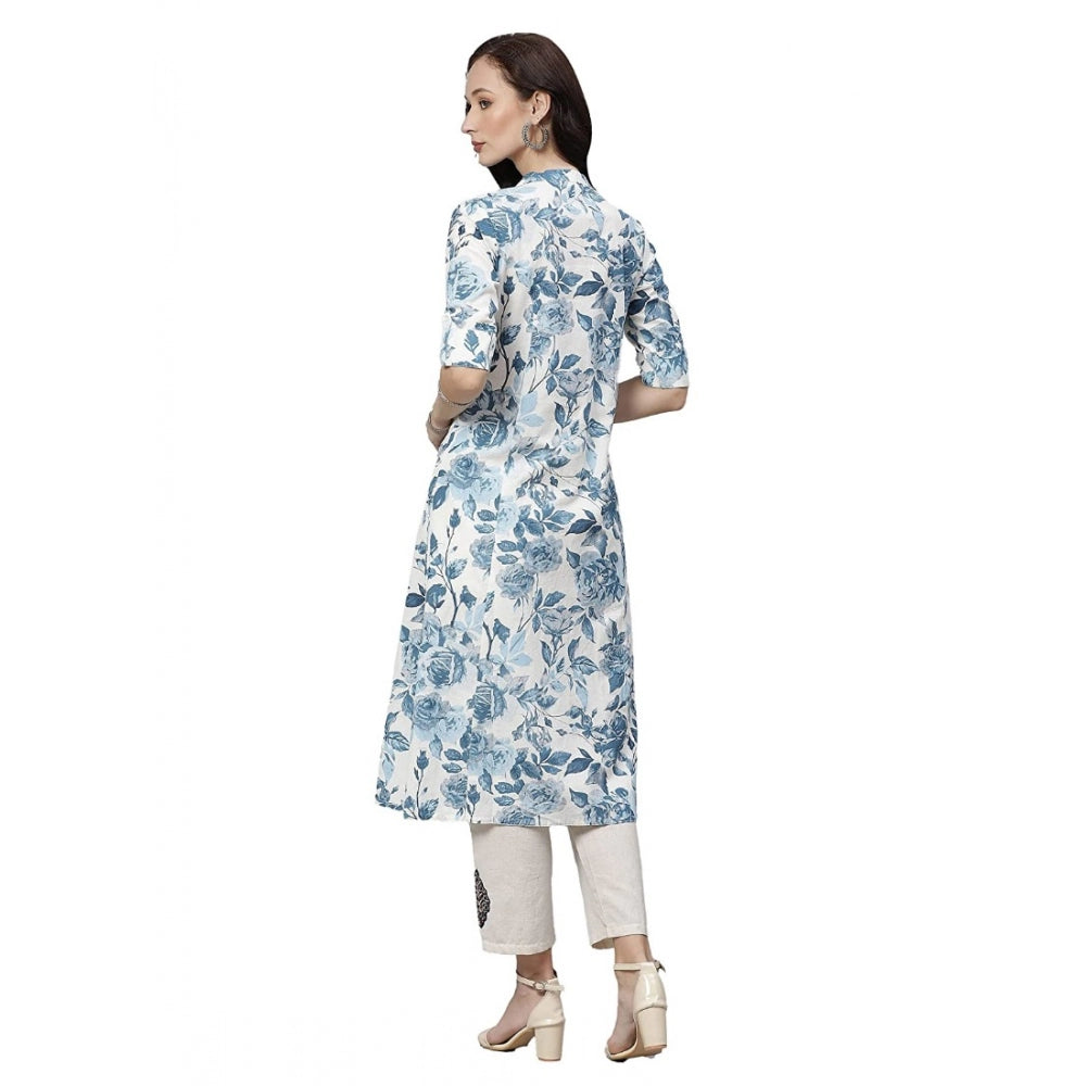 Seduva Women's Cotton Printed Floral Print Kurti (White, Blue, Cotton)