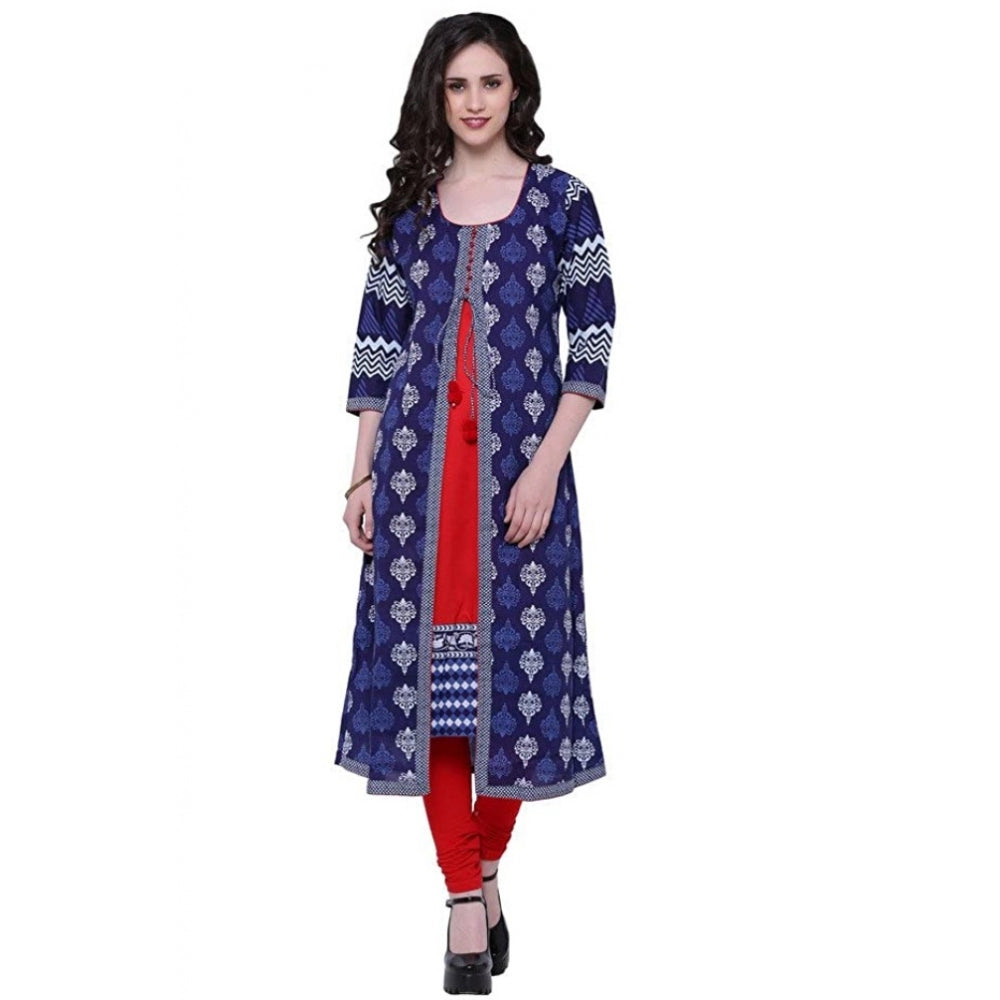 Seduva Women's Cotton Printed Long Kurti (Blue, Red, Cotton)
