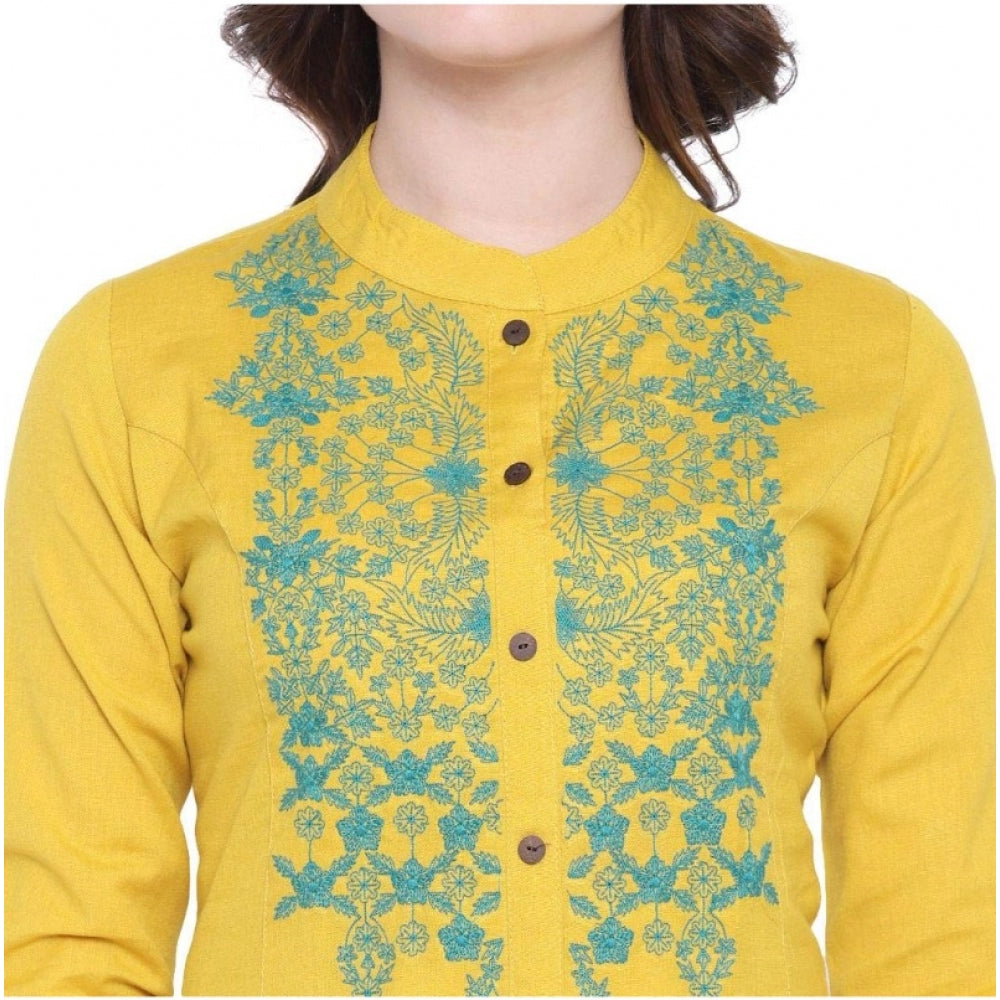 Seduva Women's Khadi Embroidered Kurti (Yellow, Khadi)