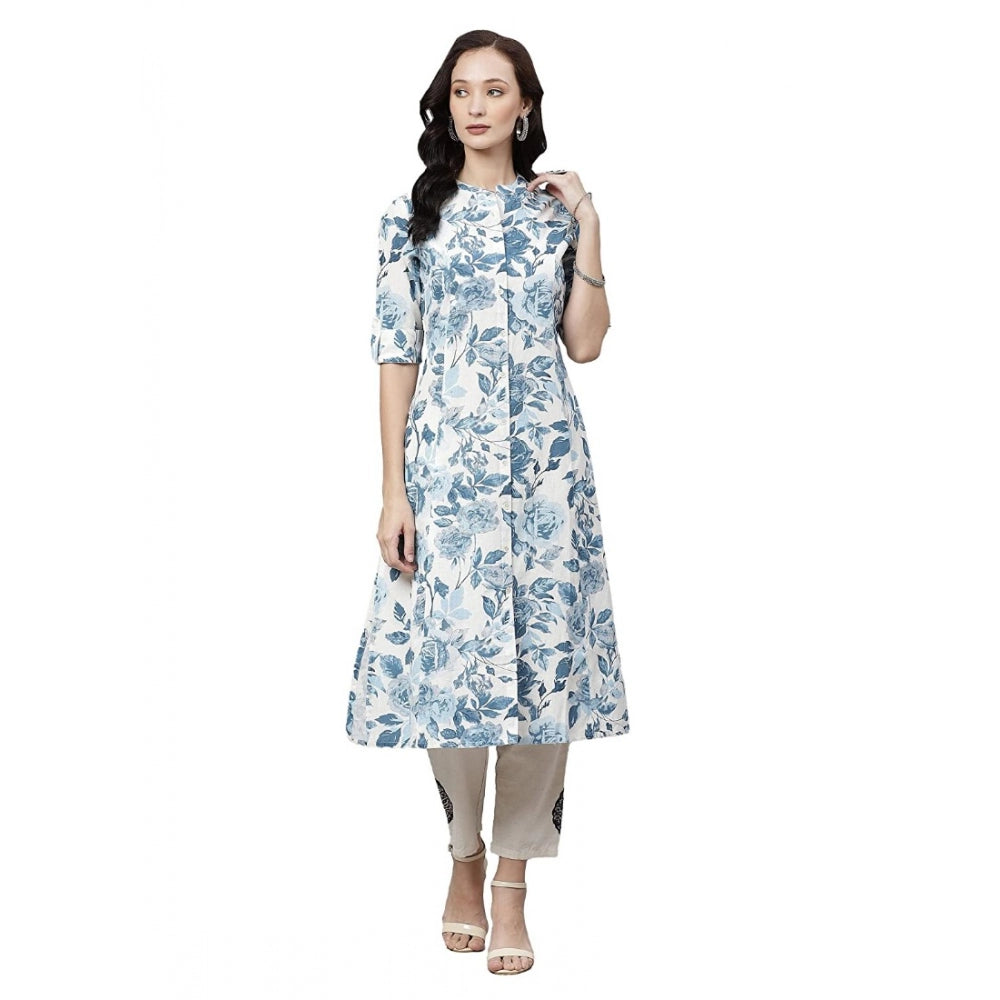 Seduva Women's Cotton Printed Floral Print Kurti (White, Blue, Cotton)