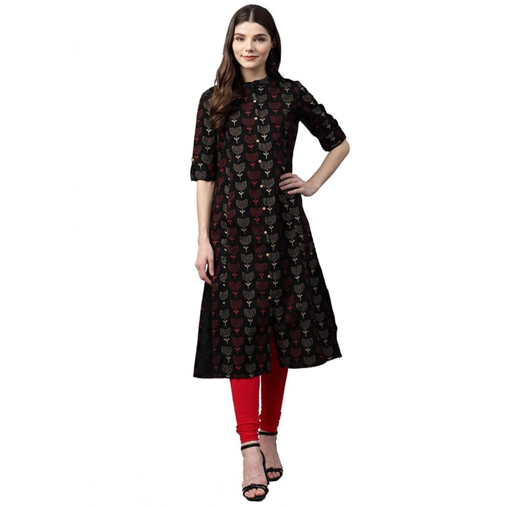 Seduva Women's Cotton Printed A Line Kurti (Black, Cotton)