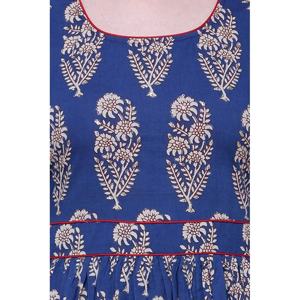 Seduva Women's Cotton Printed Anarkali Kurti (Blue, Cotton)
