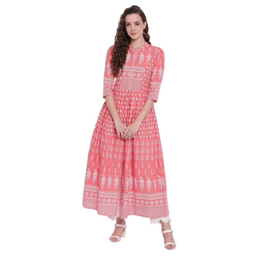 Seduva Women's Cotton Printed Regular Kurti (Peach, Cotton)