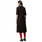 Seduva Women's Cotton Printed A Line Kurti (Black, Cotton)