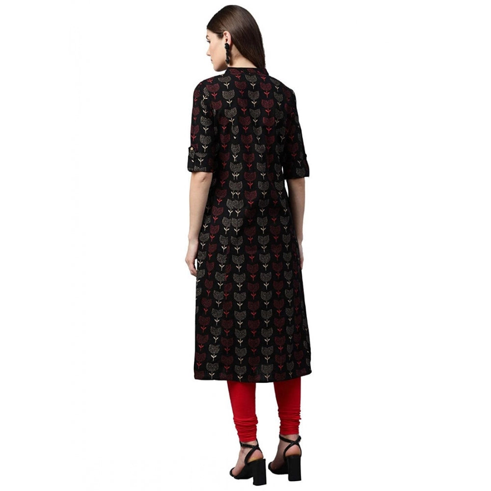 Seduva Women's Cotton Printed A Line Kurti (Black, Cotton)