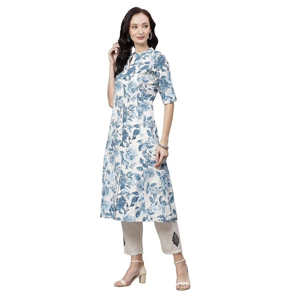 Seduva Women's Cotton Printed Floral Print Kurti (White, Blue, Cotton)