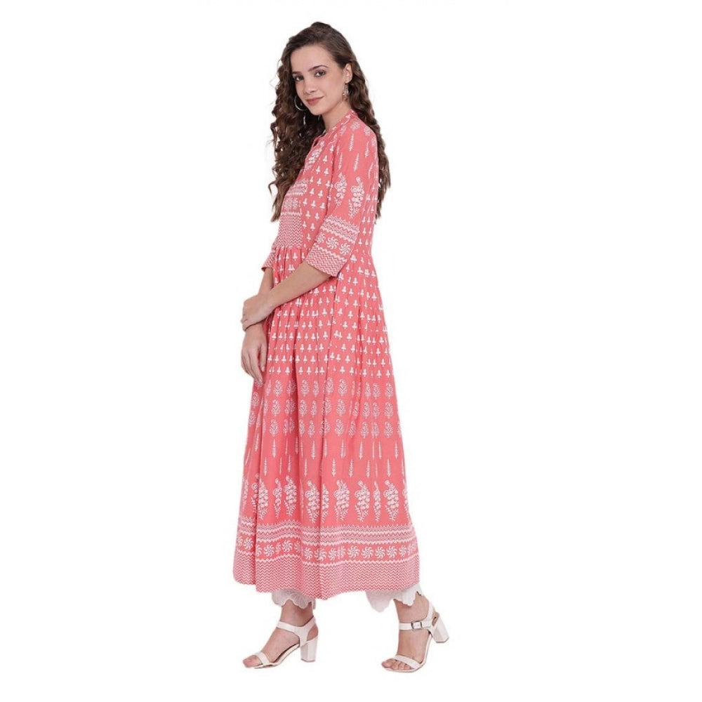 Seduva Women's Cotton Printed Regular Kurti (Peach, Cotton)