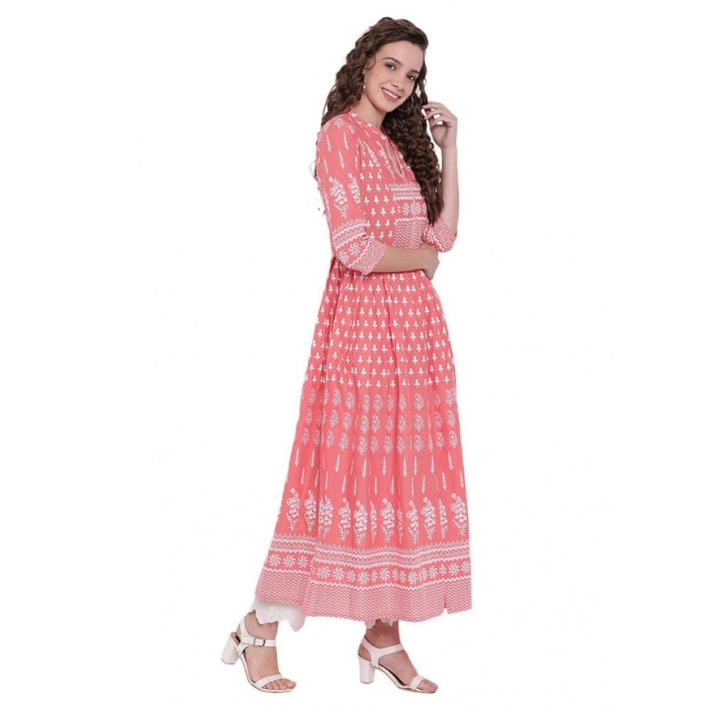 Seduva Women's Cotton Printed Regular Kurti (Peach, Cotton)