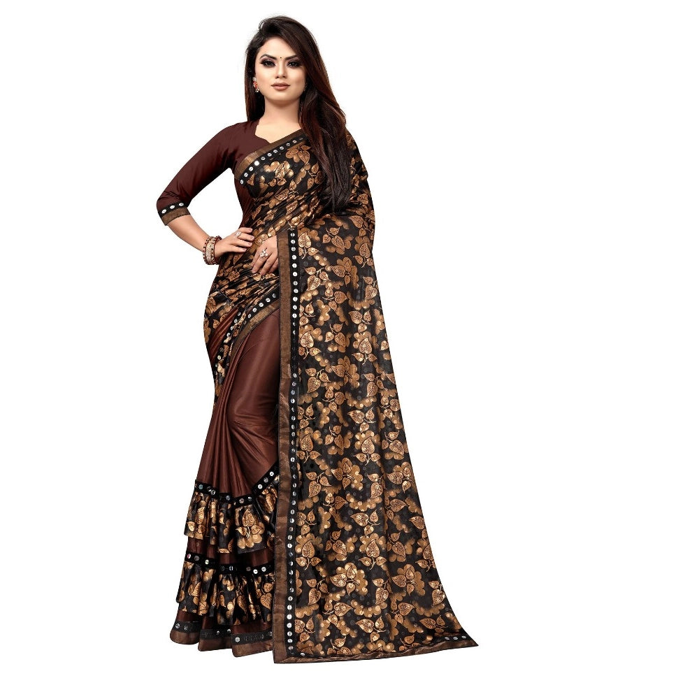 Seduva Women's Lycra Blend Saree with Blouse (Coffee, 5-6 Mtrs)