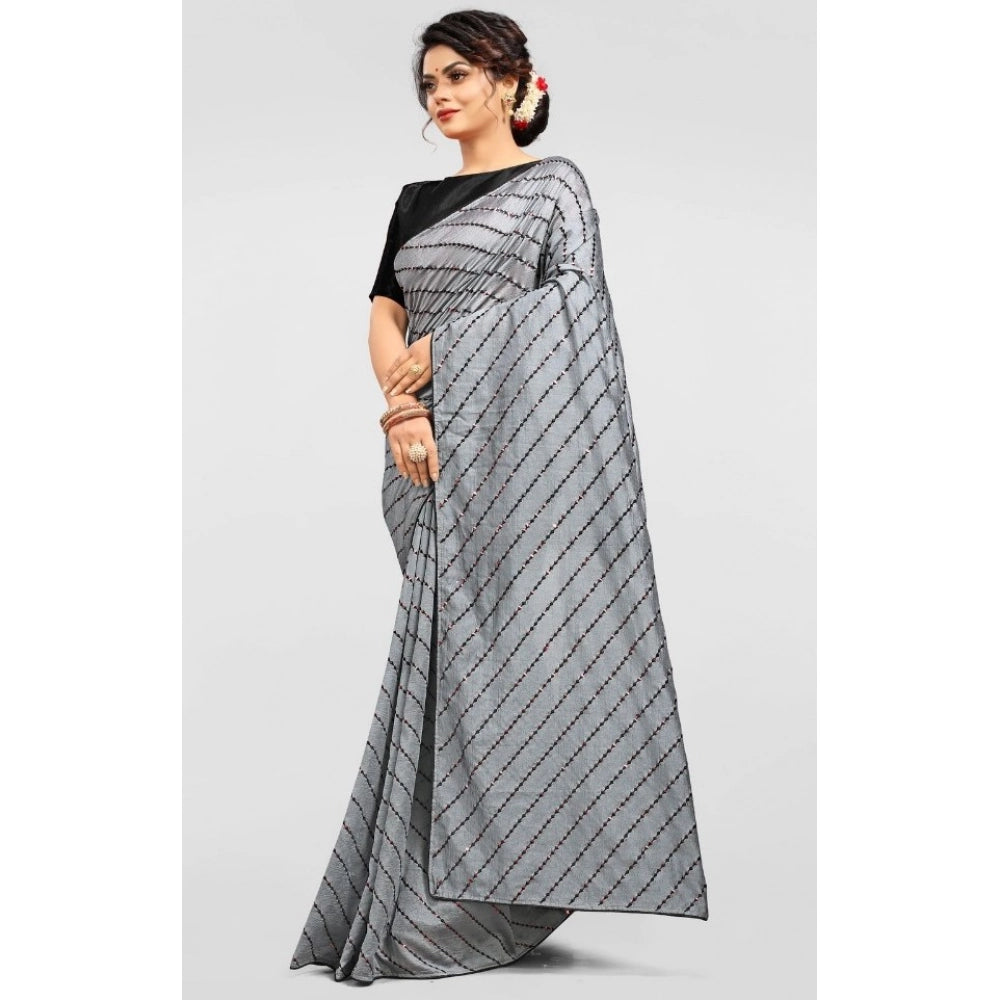 Seduva Women's Vichitra Saree with Blouse (Grey, 5-6 Mtrs)