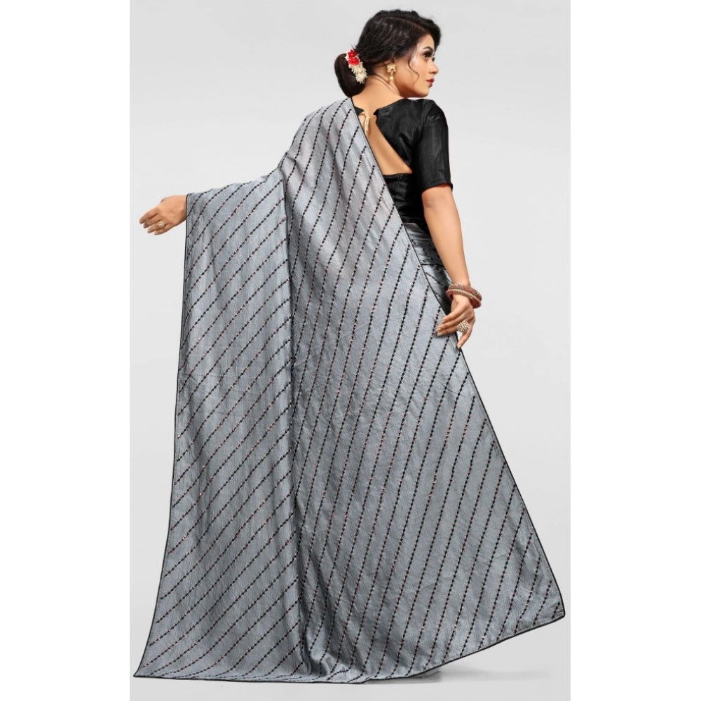Seduva Women's Vichitra Saree with Blouse (Grey, 5-6 Mtrs)