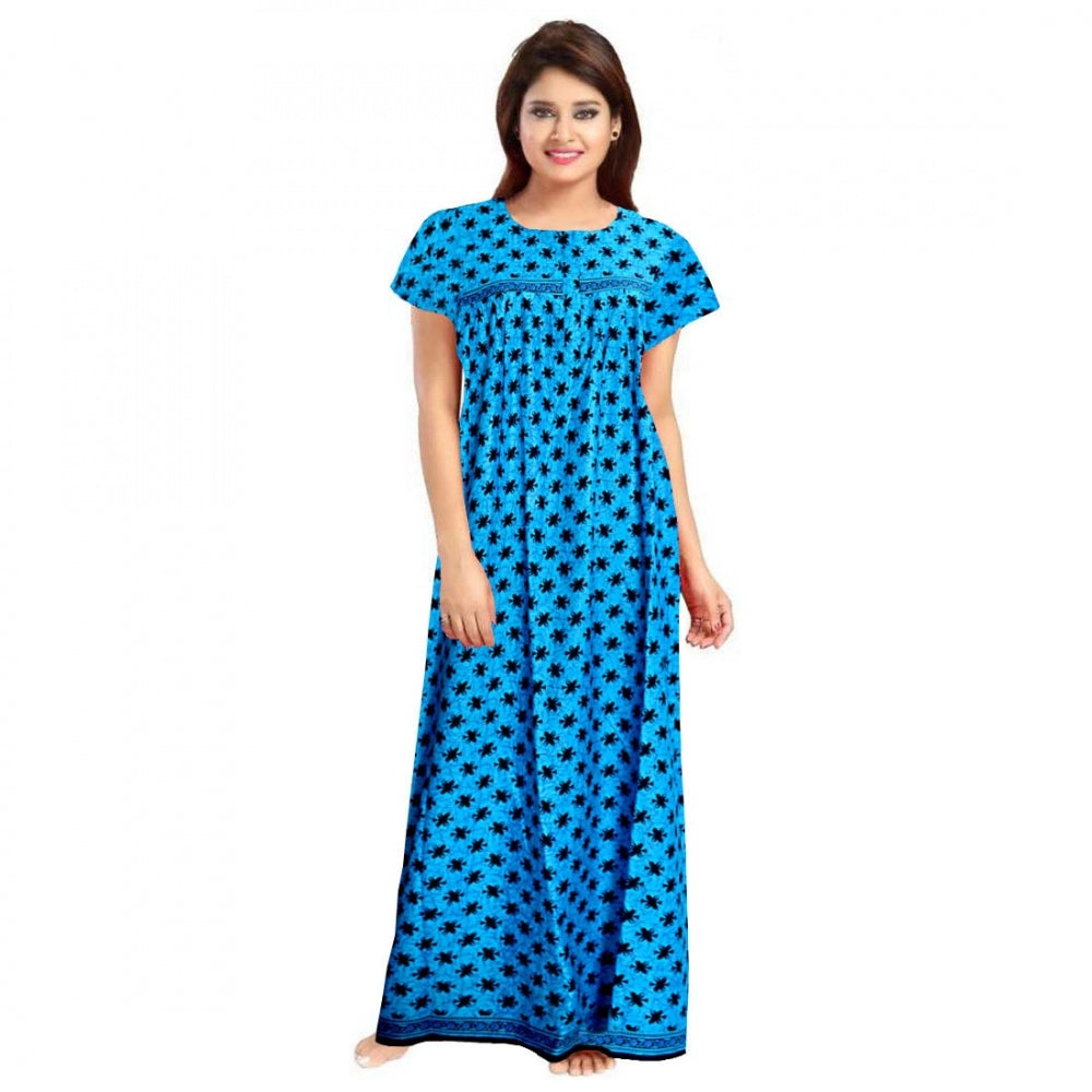 Seduva Women's Cotton Printed Maxi Nighty (Aqua Blue)