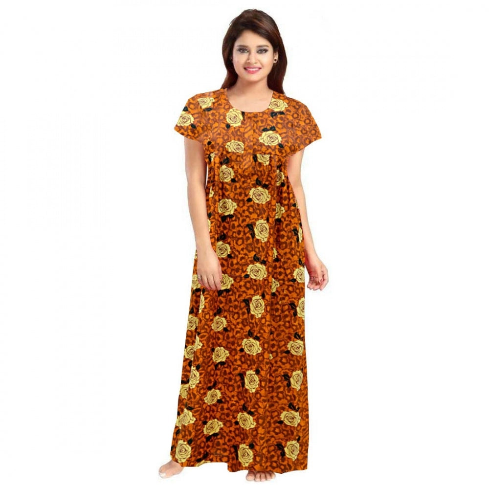 Seduva Women's Cotton Printed Maxi Nighty (Mustard)