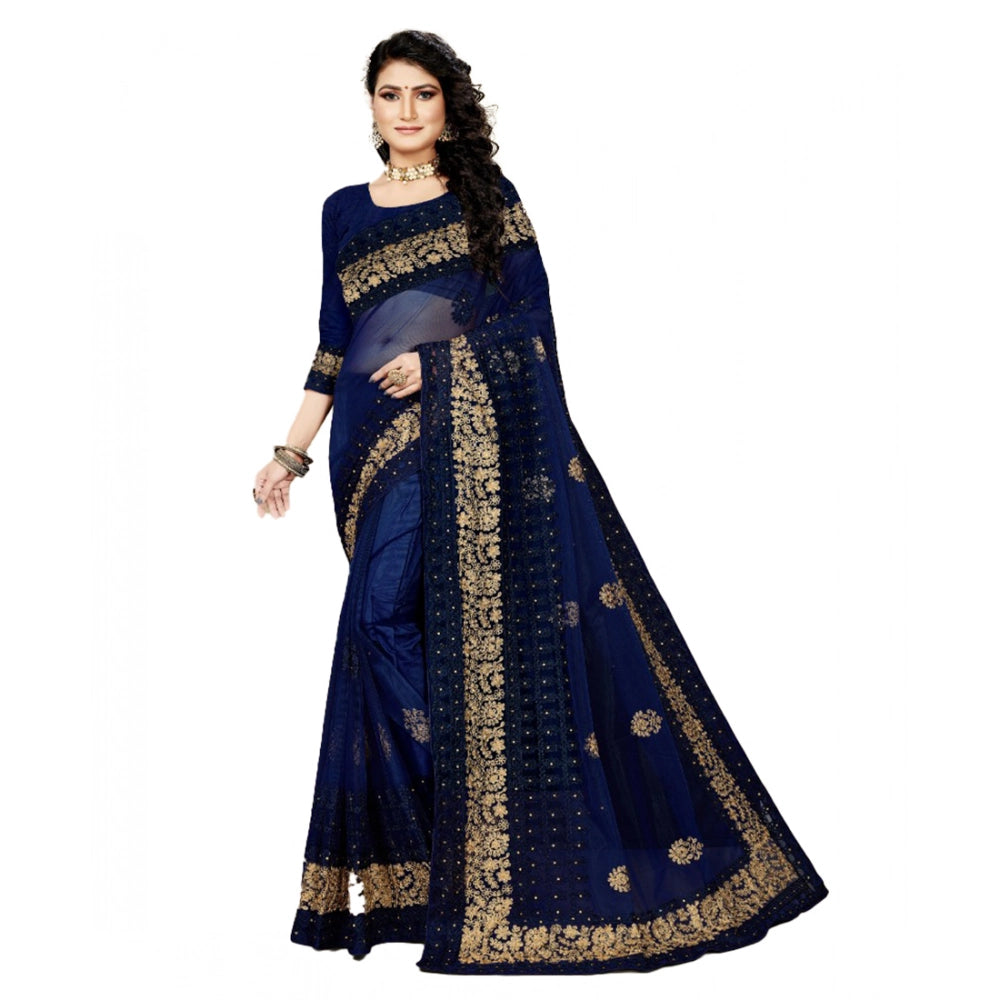 Seduva Women's Net Saree With Blouse (Navy Blue, 5-6Mtrs)