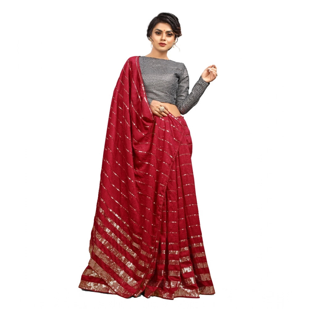 Seduva Women's Vichitra Saree with Blouse (Red, 5-6 Mtrs)
