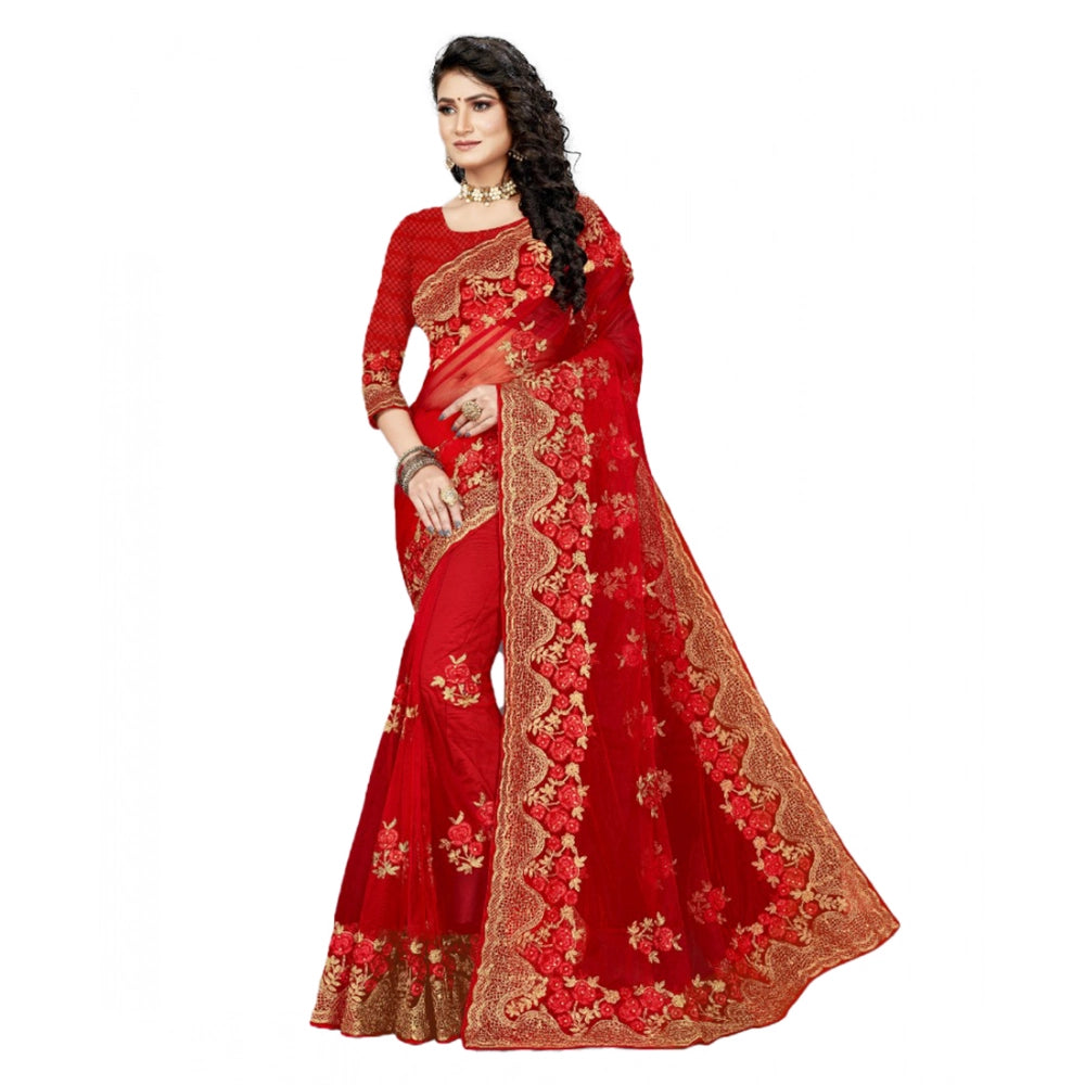 Seduva Women's Net Saree With Blouse (Red, 5-6Mtrs)