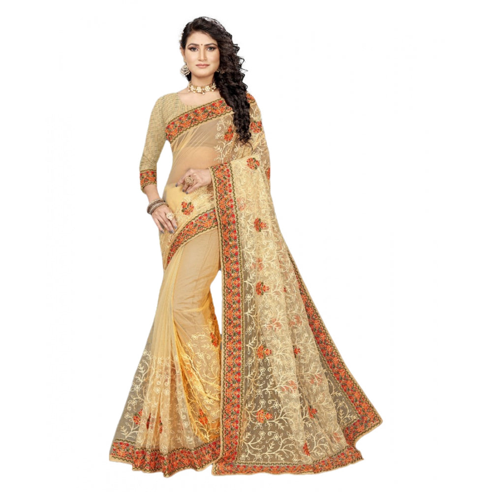Seduva Women's Net Saree With Blouse (Chiku, 5-6Mtrs)