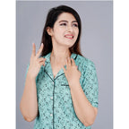 Seduva Women's Casual Half Sleeve Printed Viscose Rayon Shirt With Pyjama Pant Night Suit Set (Green)