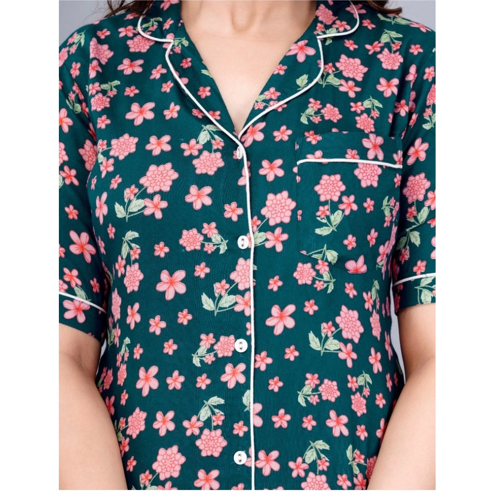 Seduva Women's Casual Half Sleeve Printed Viscose Rayon Shirt With Pyjama Pant Night Suit Set (Teal)