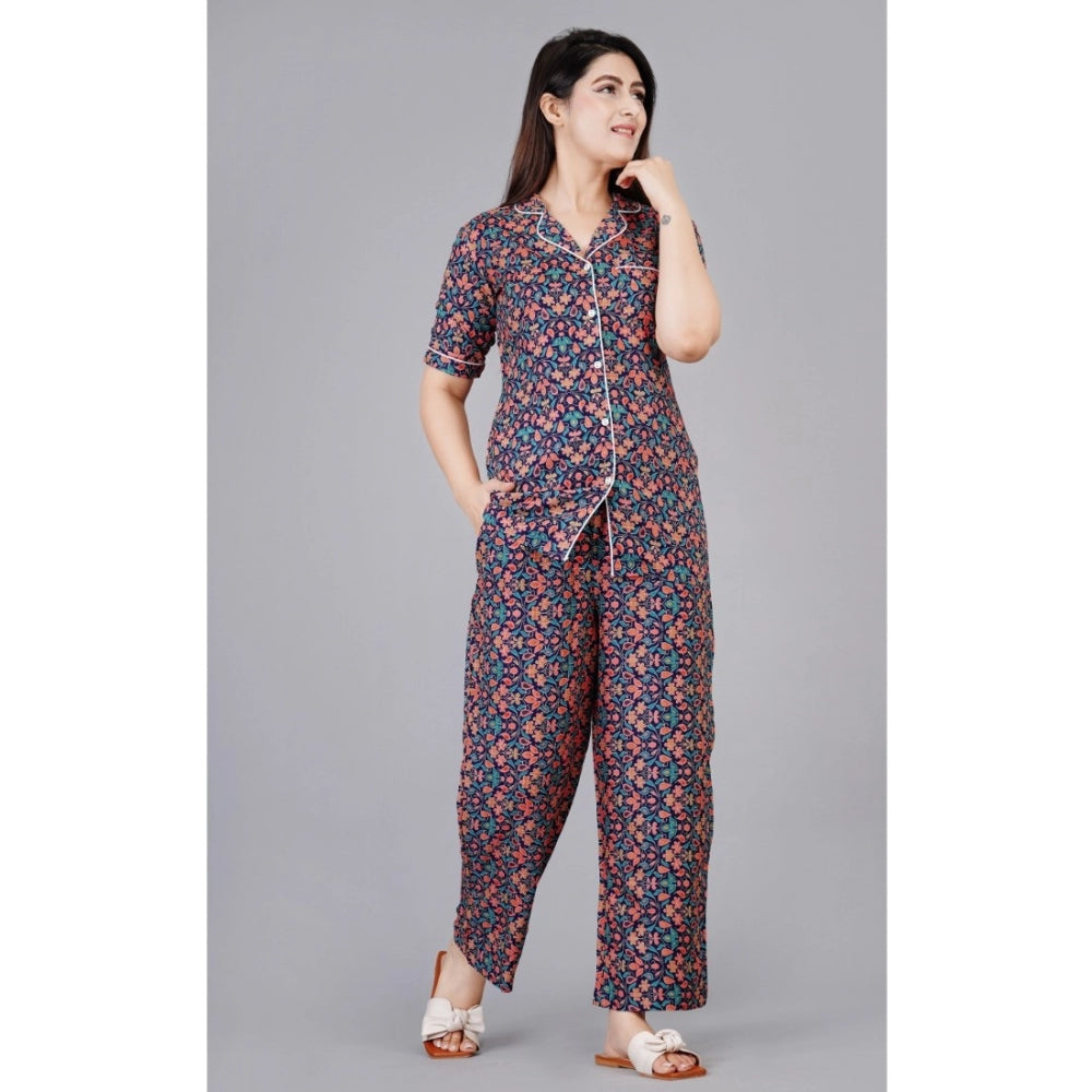 Seduva Women's Casual Half Sleeve Printed Viscose Rayon Shirt With Pyjama Pant Night Suit Set (Blue)