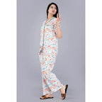 Seduva Women's Casual Half Sleeve Printed Viscose Rayon Shirt With Pyjama Pant Night Suit Set (White)