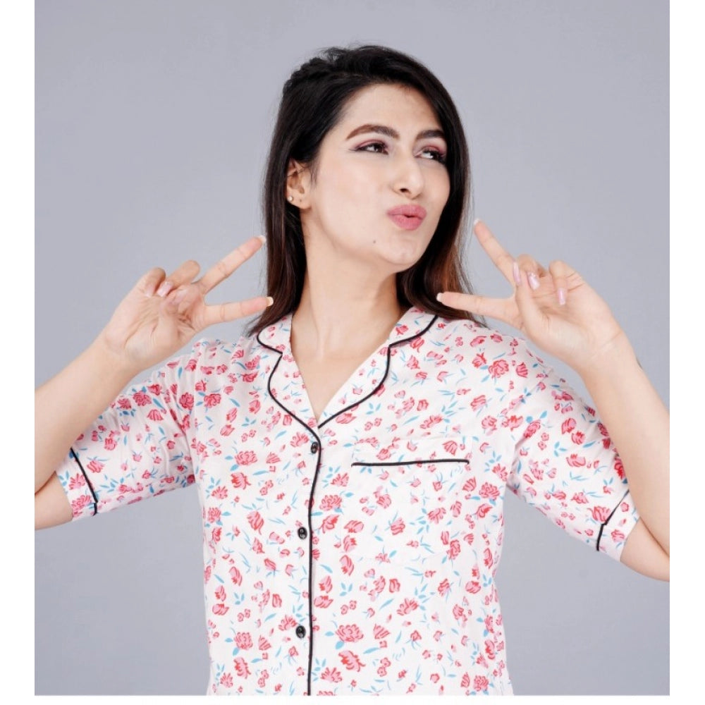 Seduva Women's Casual Half Sleeve Printed Viscose Rayon Shirt With Pyjama Pant Night Suit Set (Baby Pink)