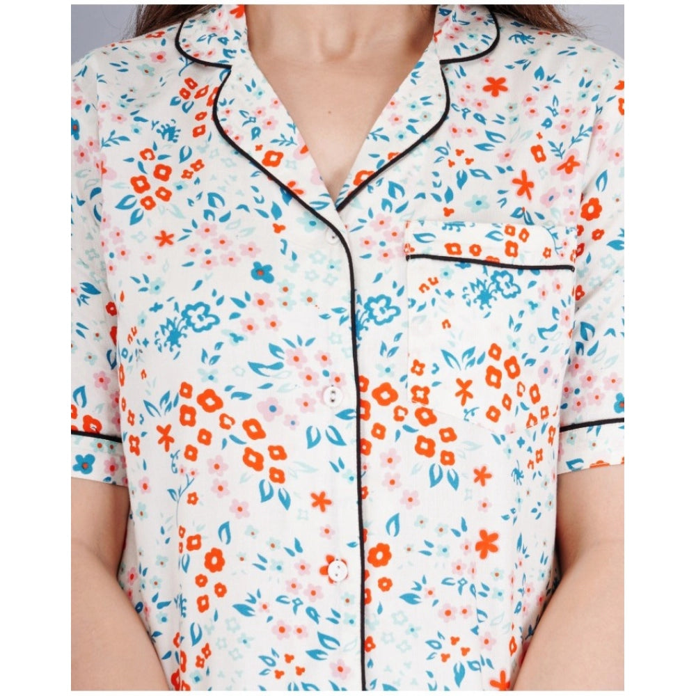 Seduva Women's Casual Half Sleeve Printed Viscose Rayon Shirt With Pyjama Pant Night Suit Set (White)