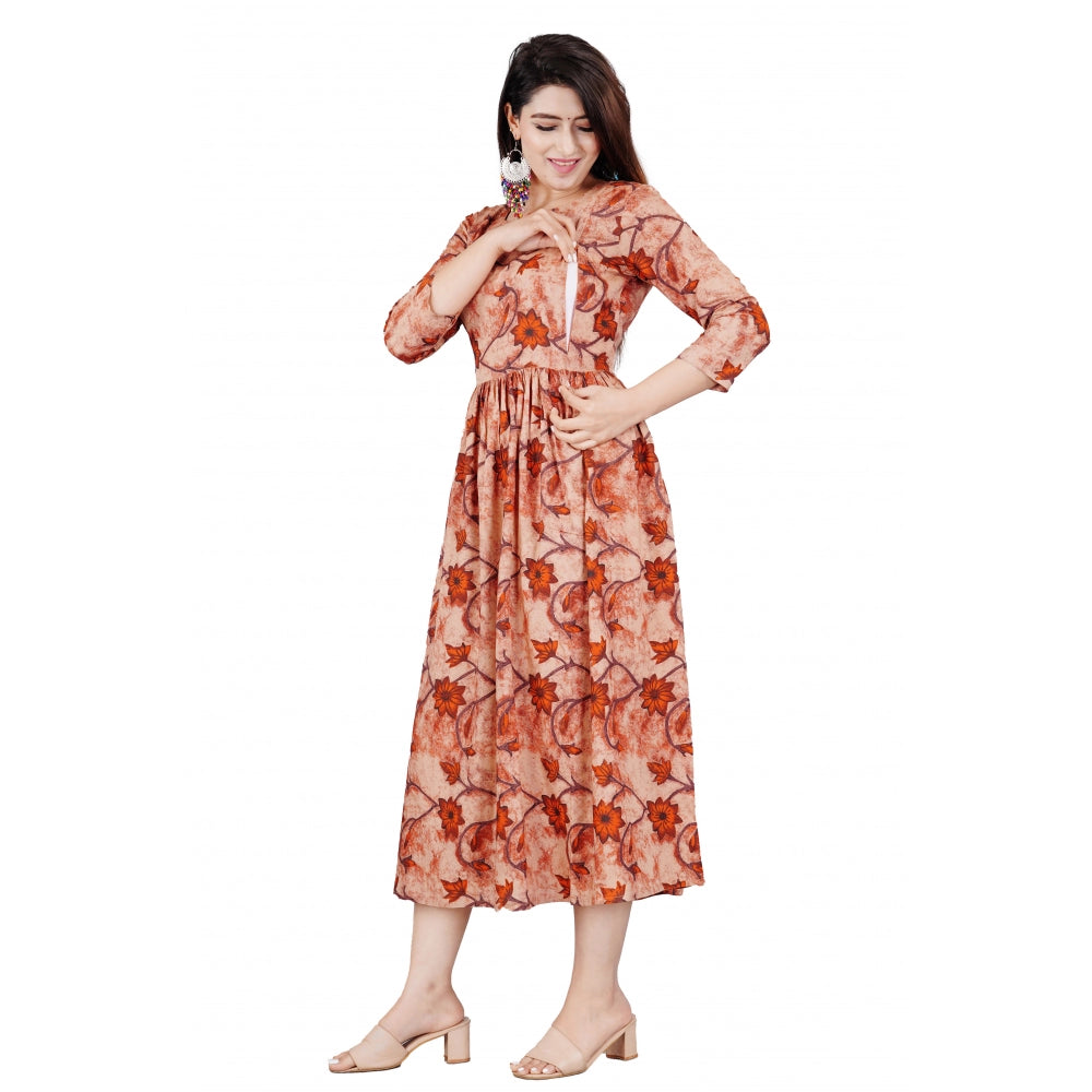 Seduva Women's Casual 3/4 Sleeve Printed Viscose Maternity Feeding Kurti (Brown)