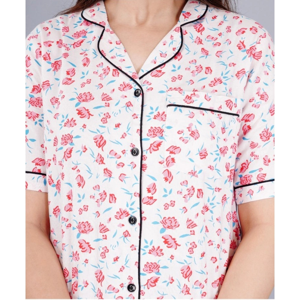 Seduva Women's Casual Half Sleeve Printed Viscose Rayon Shirt With Pyjama Pant Night Suit Set (Baby Pink)