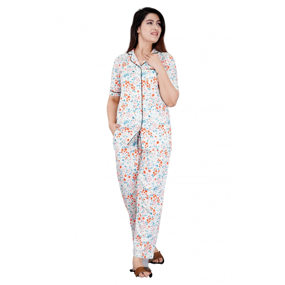 Seduva Women's Casual Half Sleeve Printed Viscose Rayon Shirt With Pyjama Pant Night Suit Set (White)