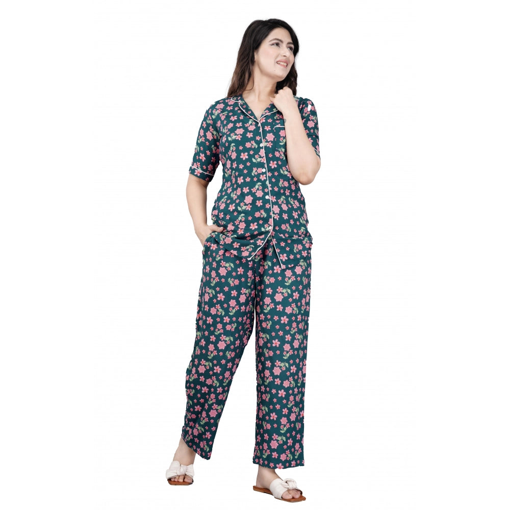 Seduva Women's Casual Half Sleeve Printed Viscose Rayon Shirt With Pyjama Pant Night Suit Set (Teal)