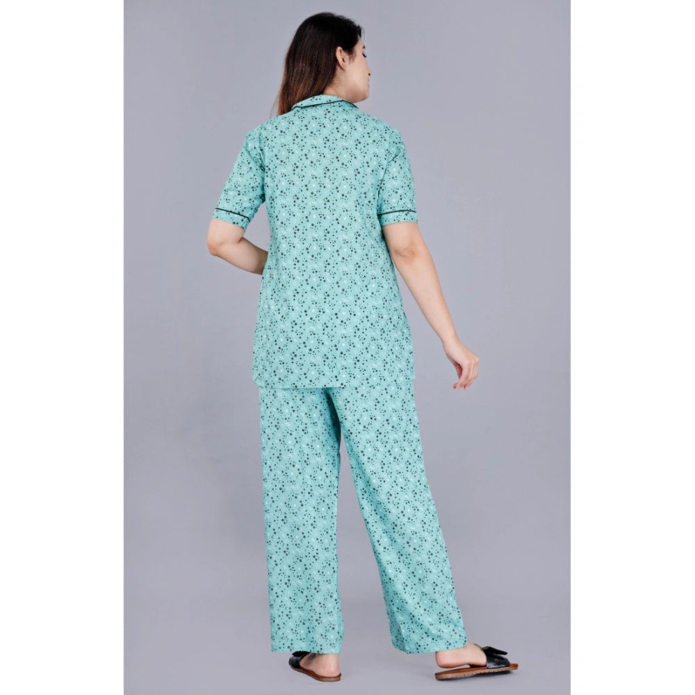 Seduva Women's Casual Half Sleeve Printed Viscose Rayon Shirt With Pyjama Pant Night Suit Set (Green)